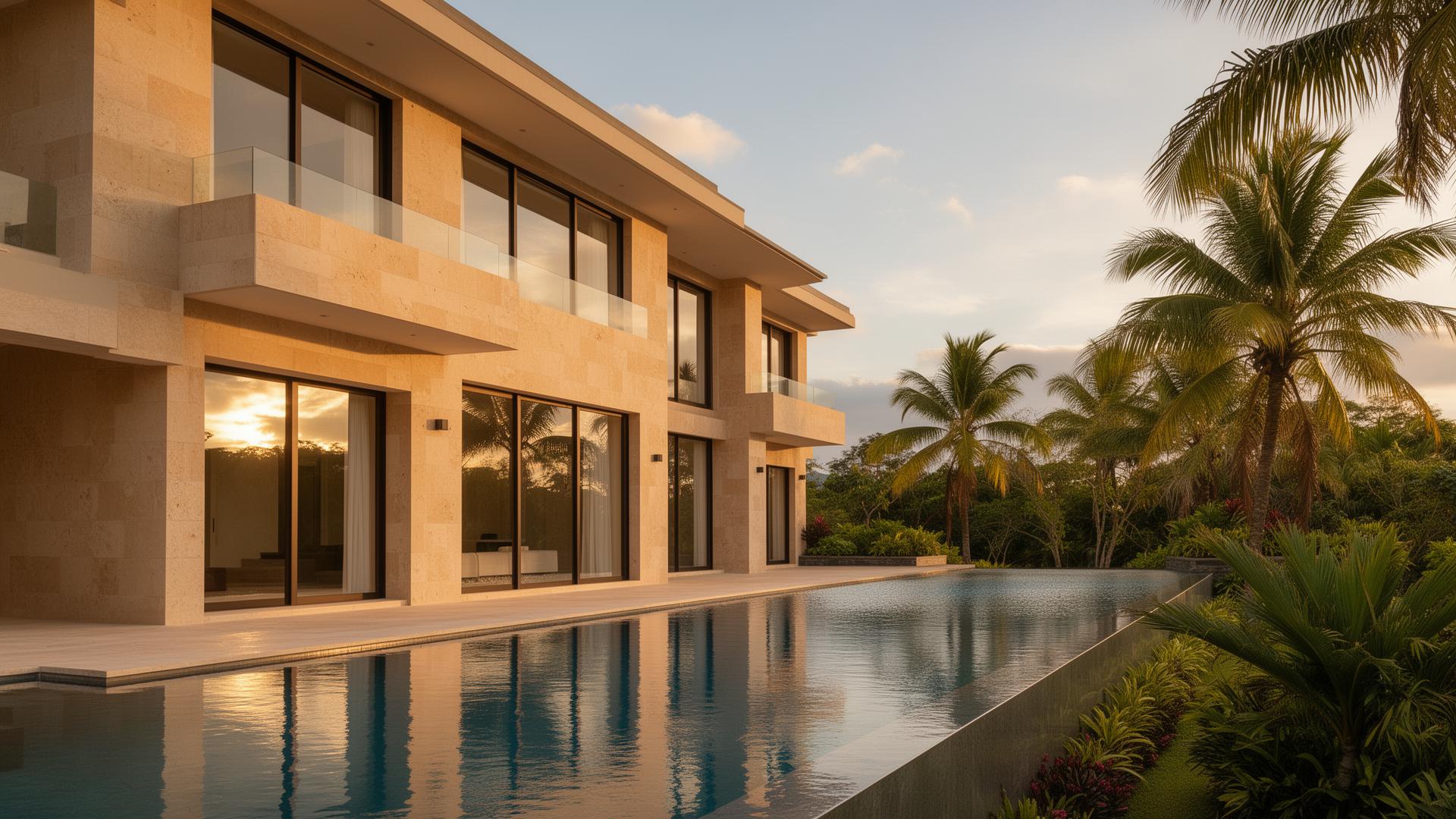 Villa de lujo escultórica al atardecer, arquitectura por Armare Group